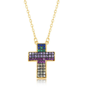 Sterling Silver Rainbow CZ Cross Necklace - Gold Plated
