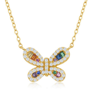 Sterling Silver Rainbow CZ Butterfly Neckalce - Gold Plated
