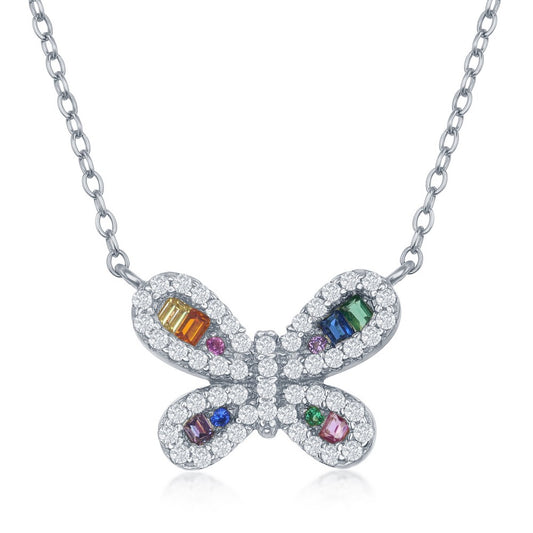 Sterling Silver Rainbow CZ Butterfly Neckalce