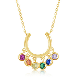 Sterling Silver Gold Plated Dangling Rainbow CZ Horseshoe Necklace