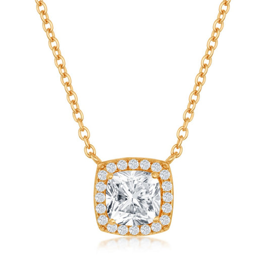 Sterling Silver Cushion-Cut with CZ Border Necklace - Gold Plated