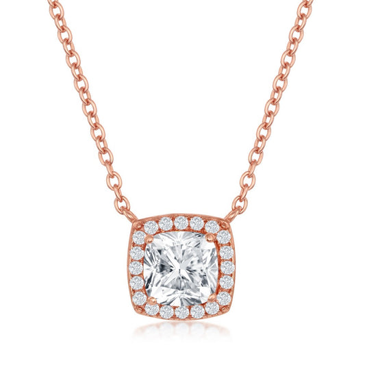 Sterling Silver Cushion-Cut with CZ Border Necklace - Rose Gold Plated