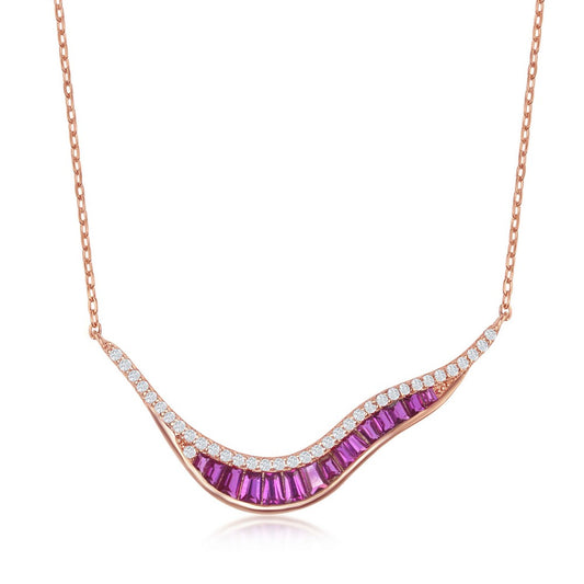 Sterling Silver V Shape Baguette Necklace - Ruby CZ -  Rose Gold Plated