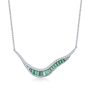 Sterling Silver V Shape Baguette Necklace - Green CZ