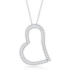 Sterling Silver Large Baguette CZ Heart Necklace