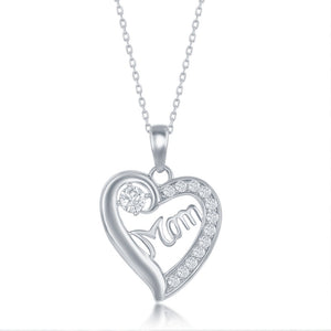 Sterling Silver Mom CZ Heart Necklace