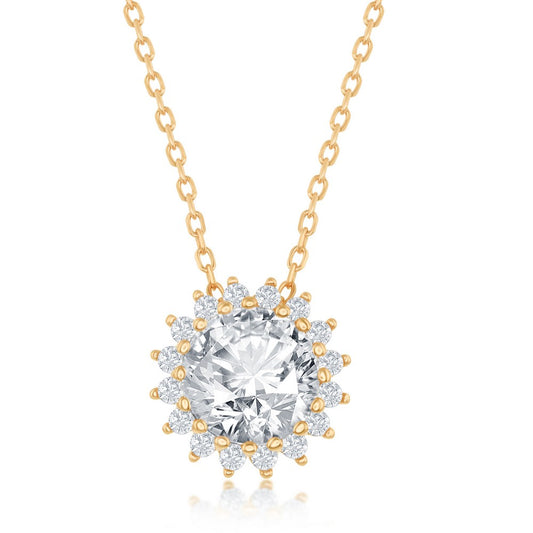 Sterling Silver Round Halo Flower CZ Necklace - Gold Plated