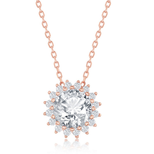 Sterling Silver Round Halo Flower CZ Necklace - Rose Gold Plated