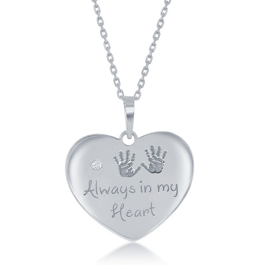 Sterling Silver Engraved Hand Prints Always in my Heart Single CZ Heart Necklace