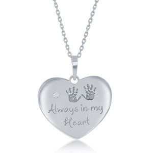Sterling Silver Engraved Hand Prints Always in my Heart Single CZ Heart Necklace