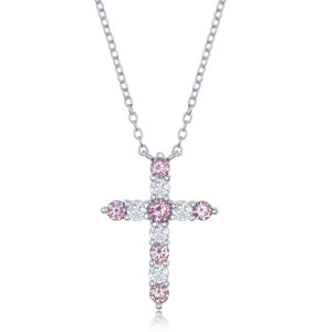 Sterling Silver Pink CZ October Birthstone Cross Necklace