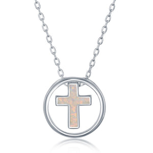 Sterling Silver Whtie Inlay Opal Cross Disc Necklace