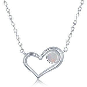 Sterling Silver White Inlay Opal Circle Open Heart Necklace