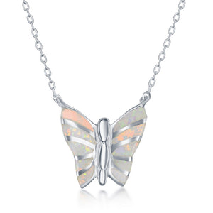 Sterling Silver White Inlay Opal Butterfly Necklace