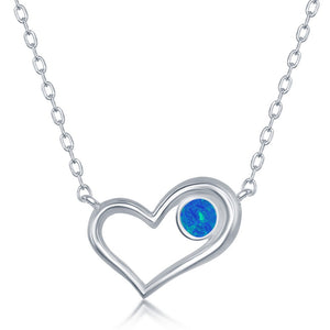 Sterling Silver Blue Inlay Opal Circle Open Heart Necklace