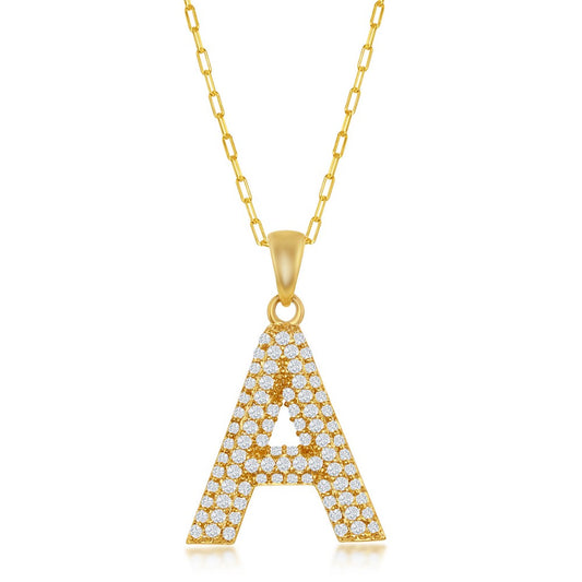 Sterilng Silver Micro Pave CZ  A  Block Initial With Paperclip Chain - Gold Plated