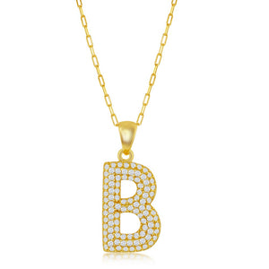 Sterilng Silver Micro Pave CZ  B  Block Initial With  Paperclip Chain - Gold Plated