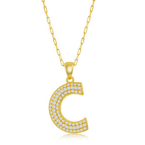Sterilng Silver Micro Pave CZ  C  Block Initial With  Paperclip Chain - Gold Plated