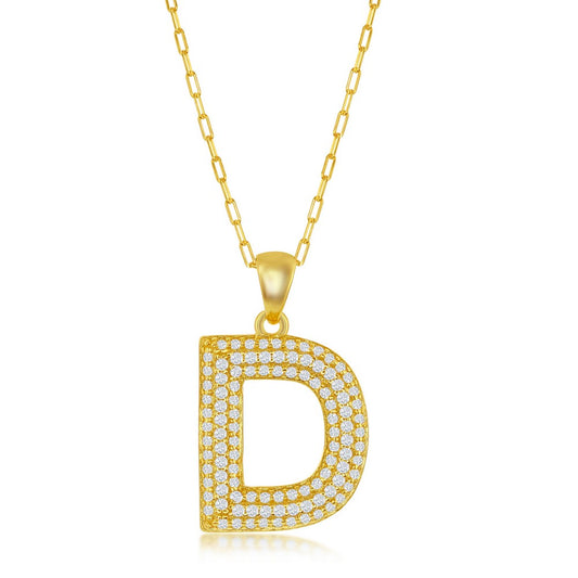 Sterilng Silver Micro Pave CZ  D  Block Initial With Paperclip Chain - Gold Plated