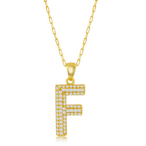 Sterilng Silver Micro Pave CZ  F  Block Initial With  Paperclip Chain - Gold Plated