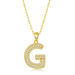 Sterilng Silver Micro Pave CZ  G  Block Initial With  Paperclip Chain - Gold Plated
