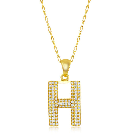Sterilng Silver Micro Pave CZ  H  Block Initial With  Paperclip Chain - Gold Plated