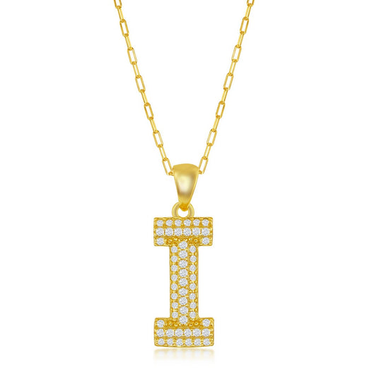 Sterilng Silver Micro Pave CZ  I  Block Initial With  Paperclip Chain - Gold Plated