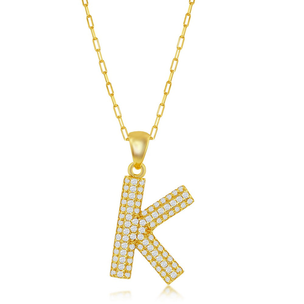 Sterilng Silver Micro Pave CZ  K  Block Initial With  Paperclip Chain - Gold Plated