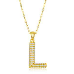 Sterilng Silver Micro Pave CZ  L  Block Initial With  Paperclip Chain - Gold Plated