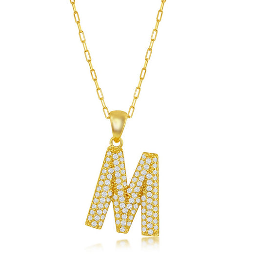 Sterilng Silver Micro Pave CZ  M  Block Initial With  Paperclip Chain - Gold Plated