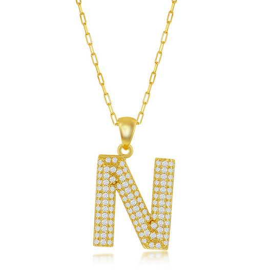 Sterilng Silver Micro Pave CZ  N  Block Initial With  Paperclip Chain - Gold Plated