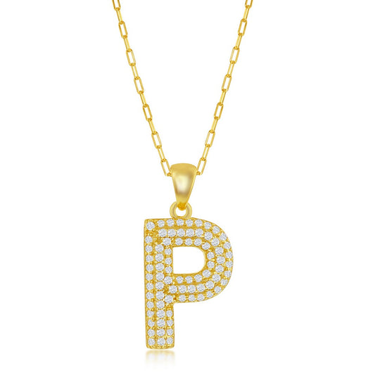 Sterilng Silver Micro Pave CZ  P  Block Initial With  Paperclip Chain - Gold Plated