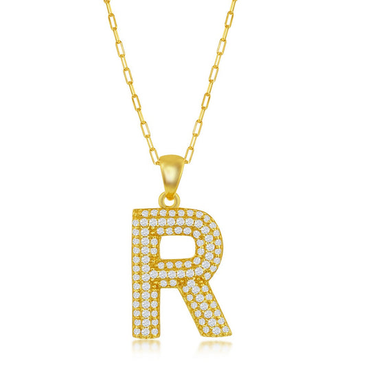 Sterilng Silver Micro Pave CZ  R  Block Initial With  Paperclip Chain - Gold Plated