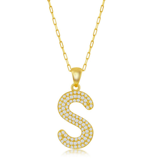Sterilng Silver Micro Pave CZ  S  Block Initial With  Paperclip Chain - Gold Plated