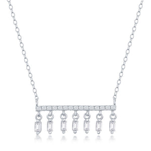 Sterling Silver CZ Bar with Baguette CZ Dangling Charms Necklace