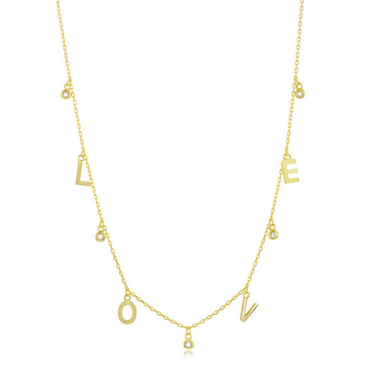 Sterling Silver LOVE & CZ Charms Necklace - Gold Plated