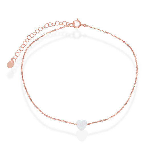 Sterling Silver White Opal Heart Anklet - Rose Gold Plated