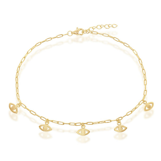 Sterling Silver Evil Eye Charms Paperclip Anklet - Gold Plated