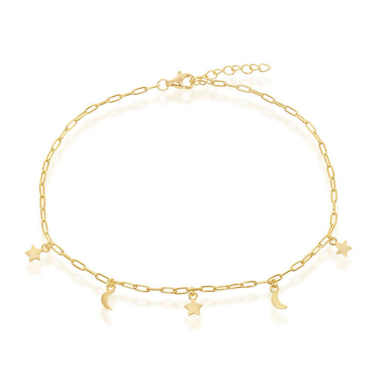 Sterling Silver Moon & Star Charms Paperclip Anklet - Gold Plated