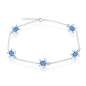 Sterling Silver Opal Turtle Anklet - Blue Inlay