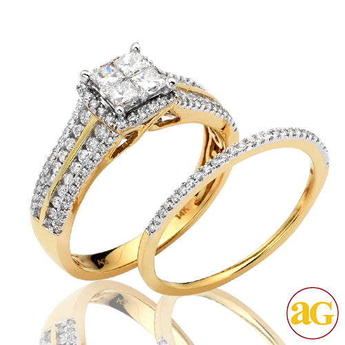 14KY 1.00CTW DIAMOND QUAD HEAD BRIDAL SET WITH HAL