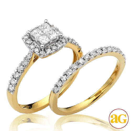 14KY 0.85 CTW DIAMOND QUAD HEAD BRIDAL SET W/ HALO