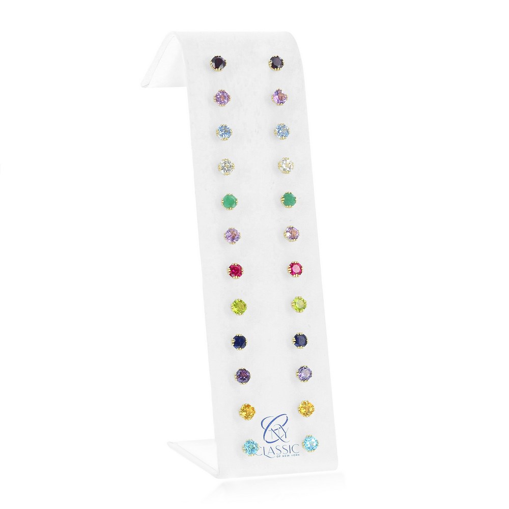 12 Month, Birthstone 6mm Round Gem, Gold Plated Stud Earrings, on a White Leatherette Ramp