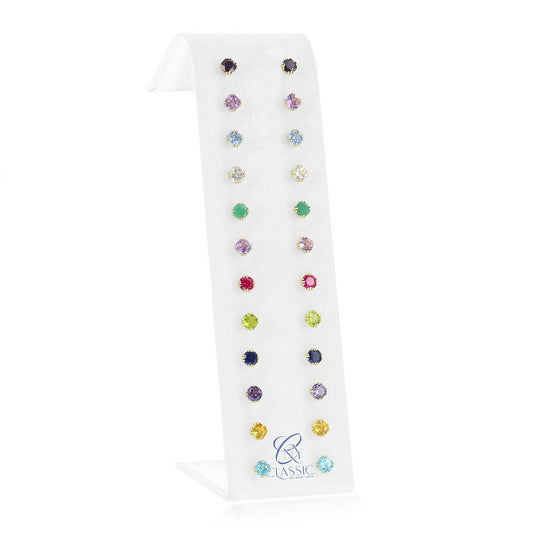 12 Month, Birthstone 6mm Round Gem, Gold Plated Stud Earrings, on a White Leatherette Ramp