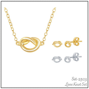 Sterling Silver Love Knot Necklace and Earrings Set - Gold Plated
