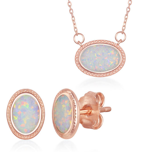 Sterling Silver RG Plated White Inlay Opal Studded Border Oval Necklace & Earrings Set