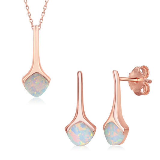 Sterling Silver Diamond-Shaped White Inlay Opal Necklace & Earrings Set With Chain - Rose Gold Plated