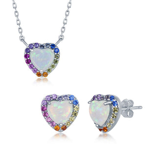 Sterling Silver White Opal Heart Rainbow CZ Necklace and Earrings Set