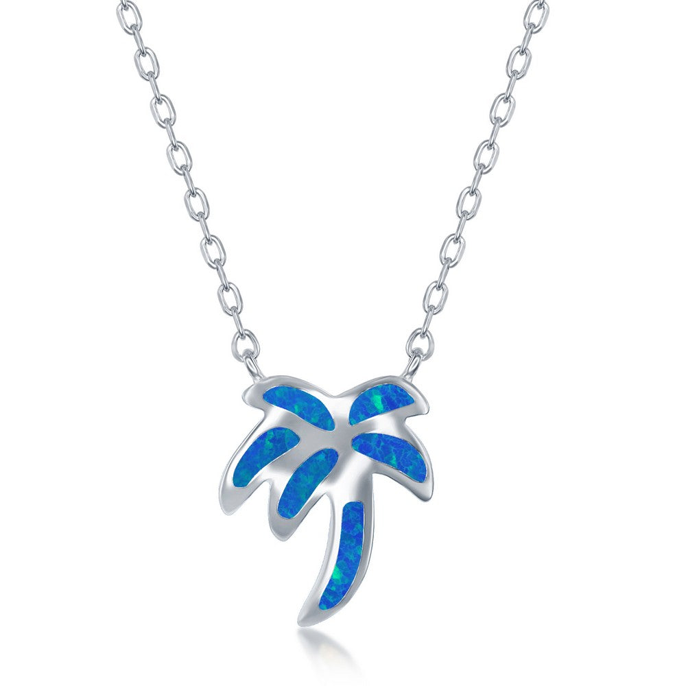 Sterling Silver Blue Inlay Opal Necklace and Earrings Set - Palm Tree