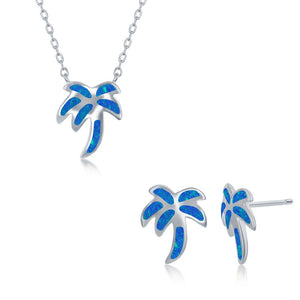 Sterling Silver Blue Inlay Opal Necklace and Earrings Set - Palm Tree